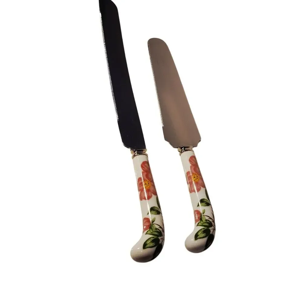 VTG Sheffield‎ Knives Set of 2 Floral Prill England Stainless Porcelain Handles